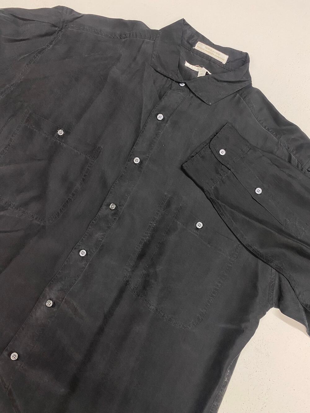 VTG 90s Men Perry Ellis 100% silk solid black double pocket button up shirt L